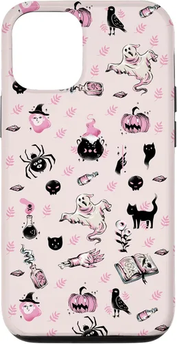 Vista 26 de iPhone 16 Vintage Halloween Case Pumpkins Ghosts Witch Skulls Pink Case