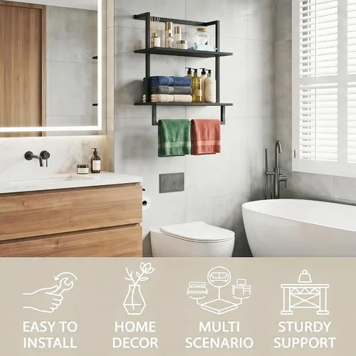 Vista 6 de Toallero montado en la pared para baño, soporte de almacenamiento de baño, estante de toalla de madera de acero de 3 niveles con barra, negro