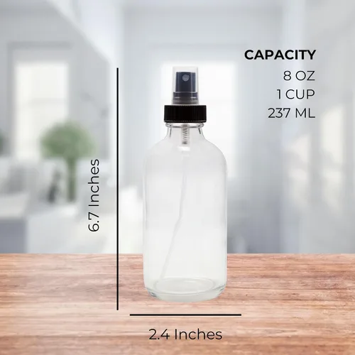 Vista 6 de Cornucopia Brands Botellas de spray de vidrio transparente de 8 onzas (paquete de 4) Boston Round con atomizador Spritzers para aromaterapia