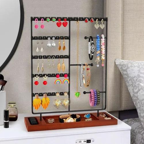 Vista 4 de Godboat Organizador de joyas, organizador de aretes con 44 agujeros, soporte de pulsera de 3 filas y organizador de collares, base de madera