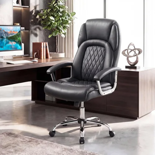 Vista 2 de Giantex Silla de oficina ergonómica, silla ejecutiva tapizada de cuero con reposabrazos acolchados y respaldo mecedor, silla de escritorio