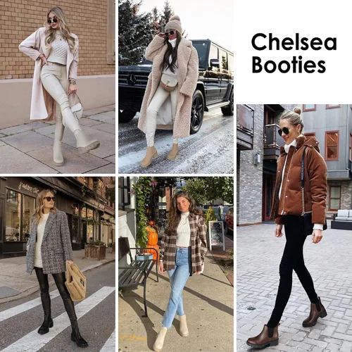 Vista 6 de Athlefit Botas Chelsea de moda para mujer, tacón grueso, sin cordones, elásticos y tobilleros