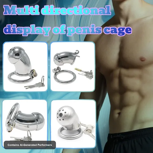 Vista 5 de Jaula de acero inoxidable para hombre con bloqueo de pene con cerradura de metal castidad dispositivo de castidad masculina jaula de polla juguetes