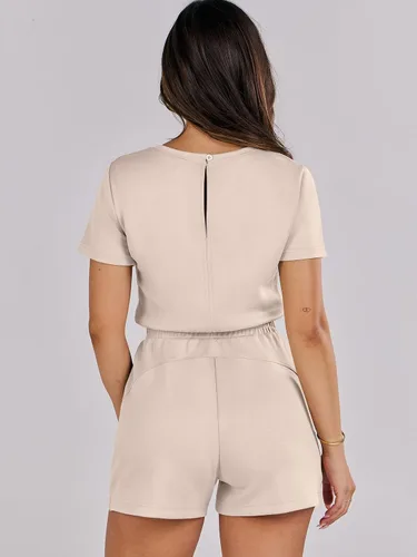 Vista 5 de ANRABESS Enterizo de verano para mujer, cuello redondo, casual, holgado, manga corta, de una pieza, con bolsillos