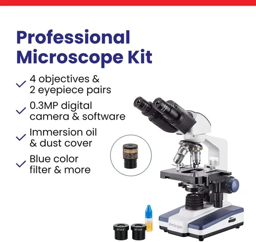Vista 7 de AmScope Serie B120 Microscopio compuesto binocular LED para estudiantes y profesionales - Aumento 40X a 2500X - Incluye cámara USB 2.0 de 0.3MP