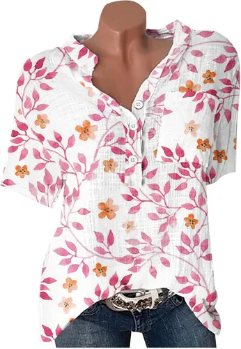 Vista 5 de Blusas de verano para mujer, cuello en V, ajuste holgado, cómodas, de algodón, lino, estampado floral, blusas a la moda 2023
