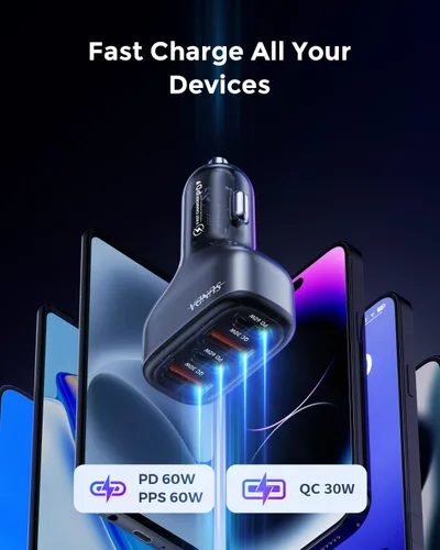 Vista 5 de SUNDA Cargador rápido USB C de 120 W, adaptador de cargador de coche de 4 puertos, doble tipo C PD60W/PPS60W compatible con iPhone15/14 CC-680 Gris