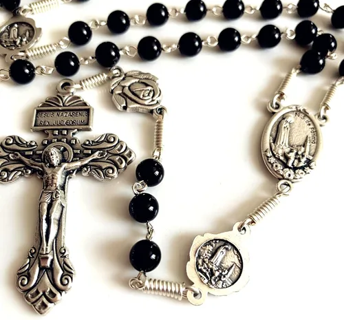 Vista 5 de elegantmedical Hecho a mano con cuentas de ágata negra de la señora de Fátima, collar de rosario, Crucifijo de indulto cruz, regalos católicos