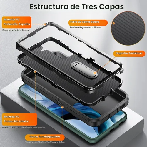 Vista 6 de Funda para Samsung Galaxy S22 Plus con función atril de 3 capas de grado militar, funda protectora de silicona resistente a prueba de golpes