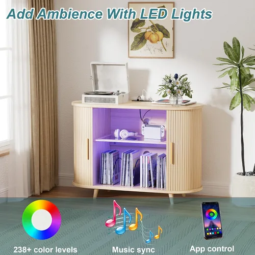Vista 5 de Soporte para tocadiscos con almacenamiento de vinilo, gabinete multimedia moderno con estación de carga y luces LED, soporte para puerta corrediza