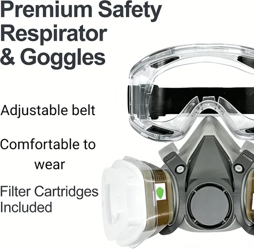 Vista 2 de Kit de respirador reutilizable de media cara con gafas de seguridad antivaho y filtros - Respirador profesional para polvo, pintura y lijado