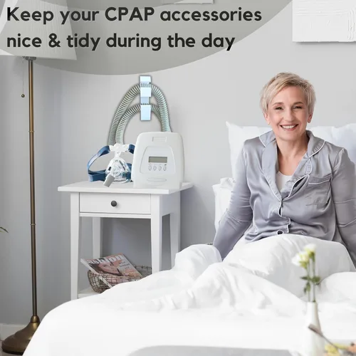 Vista 8 de Soporte para manguera CPAP para evitar fugas y enredos en el tubo, ajustable, extraíble y resistente, organizador de cama, soporte para máscara