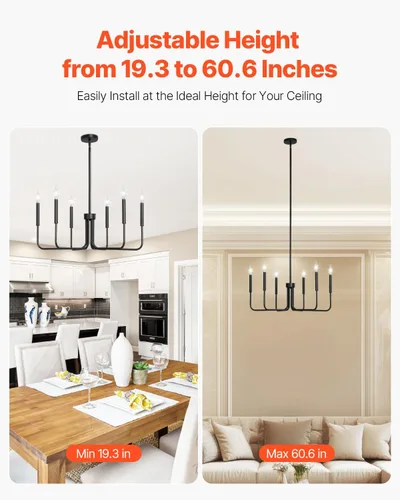 Vista 4 de VEVOR Candelabro de 6 Luces, Candelabro de Metal Estilo Granja, Altura Ajustable, Lámpara Colgante de Comedor para Techos, Candelabro Moderno