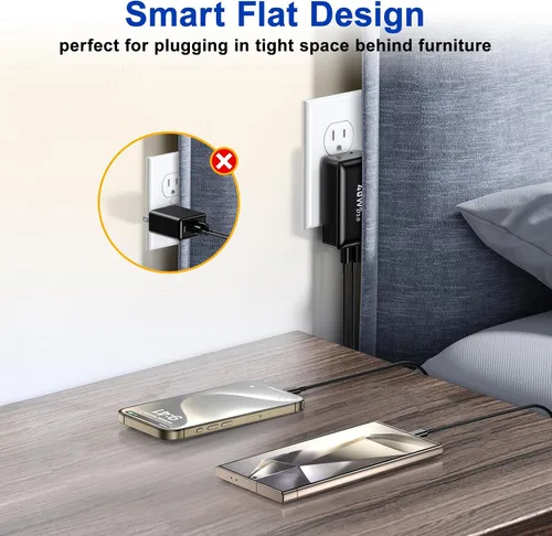 Vista 4 de Bloque de cargador USB C, 40 W, plano de 4 puertos, enchufe de pared USB de doble PD QC, adaptador de corriente de viaje de carga rápida multipuerto