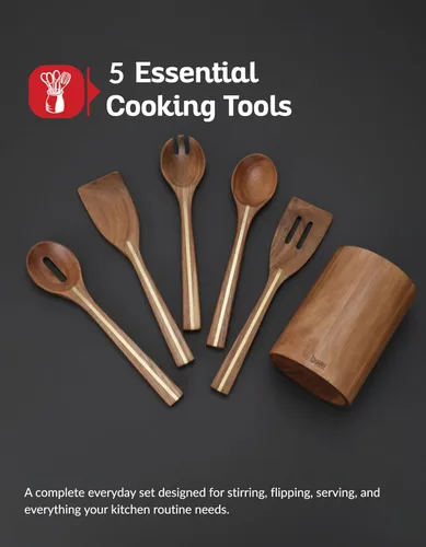 Vista 7 de Juego de 5 utensilios de acacia con soporte – Utensilios de cocina de madera de primera calidad, juego de espátula y cuchara de madera de acacia