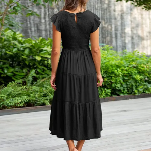 Vista 5 de Ceboyel Vestido de manga corta con vuelo para mujer, vestido midi casual con escalones, vestido de verano fruncido a la moda, trajes de mujer 2023