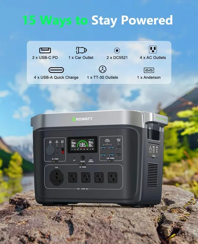 Vista 7 de GROWATT Estación de energía portátil, generador solar eléctrico negro INFINITY 2000, batería LifePO4 de 2048 Wh, salida de CA de 2400 W para uso