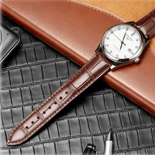 Vista 2 de Moran - Correa de cuero genuino con estampado de cocodrilo y cuero vacuno, hebilla de despliegue de repuesto, correa de reloj de 18 mm a 24 mm Cuero
