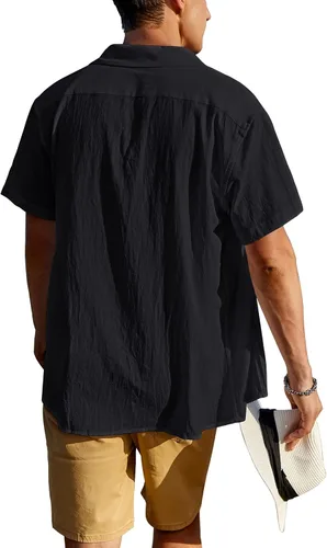 Vista 3 de COOFANDY Camisas de lino de algodón para hombre, ajuste relajado, manga corta, camisa con botones, plisada, guayabera