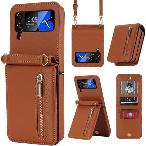 Vista 13 de Funda de lujo con cremallera para Samsung Galaxy Z Flip 3, con función atril, tarjetero ajustable, correa cruzada ajustable, funda con tapa a