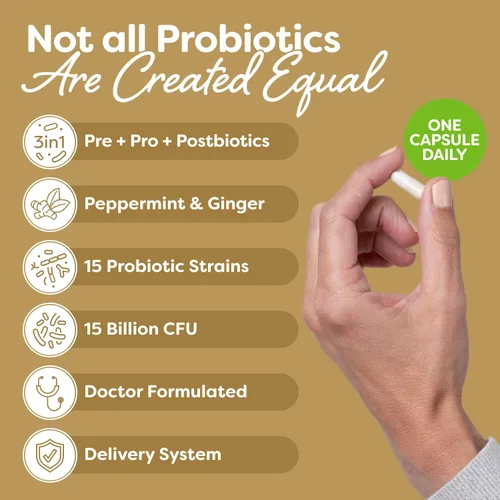 Vista 2 de Probulin Total Care Soothe Prebiótico, probiótico y postbiótico + jengibre y menta para calmar la digestión, 15 mil millones de UFC, 15 cepas, 30