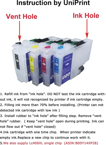Vista 2 de UPink LC406 LC406XL Cartucho de tinta recargable vacío de alto rendimiento compatible con impresora Brother MFC-J4335DW J4345DW J4535DW J5855DW