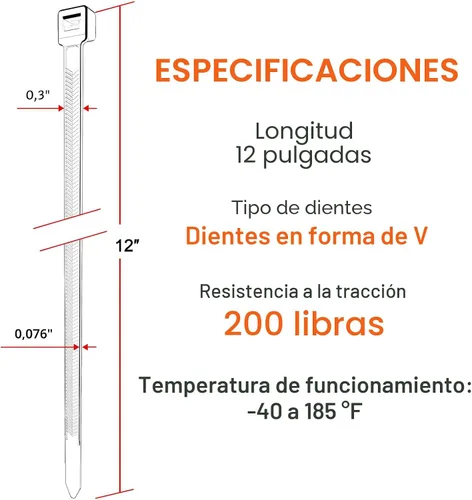 Vista 8 de Bridas resistentes de 12 pulgadas, dentadas en forma de V de doble cara con bridas de cables de resistencia a la tracción de 200 libras, bridas