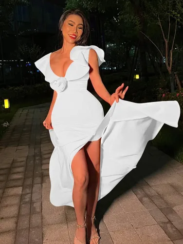 Vista 6 de YMDUCH Vestido de noche sexy con cuello en V y manga larga con volantes para mujer