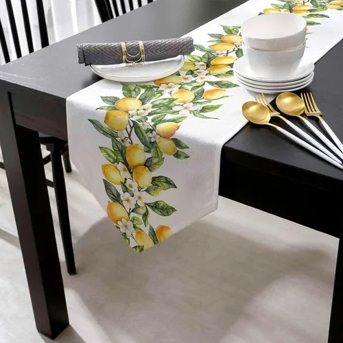 Vista 2 de Caminos de mesa triangulares de algodón y lino pequeños de 36 pulgadas, limones de verano, remolinos florales blancos, bufandas de tocador