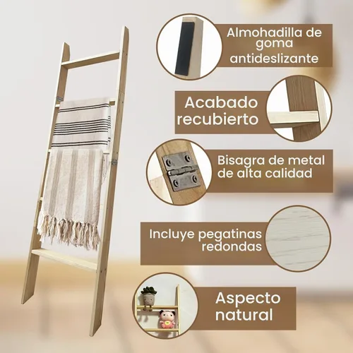 Vista 5 de Escalera para mantas, soporte de edredón de madera de 5 niveles, natural