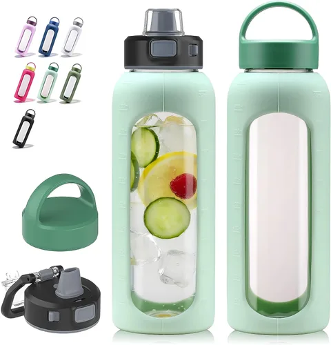 Vista 22 de Kodrine - Botella de agua de vidrio de 20 onzas con popote y 2 tapas para fácil transporte, con asa, funda de silicona y marcador de tiempo, botella