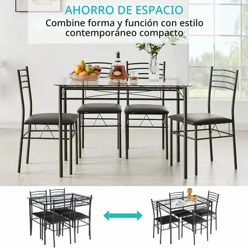 Vista 5 de VECELO Juego de mesa de comedor para 4, mesa de cocina de vidrio de 5 piezas con sillas acolchadas tapizadas para espacios pequeños, rincón