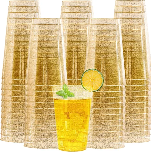 Vista 15 de I00000 Paquete de 100 vasos de plástico dorados de 14 onzas, vasos desechables de plástico con purpurina dorada, copas de vino desechables, copas