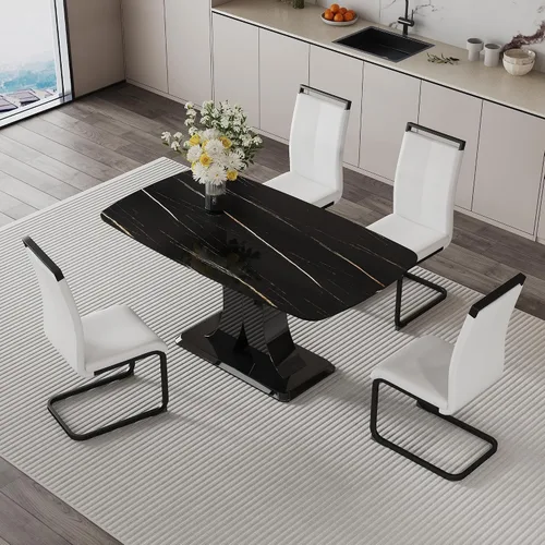 Vista 33 de Moderno juego de mesa de comedor para 4, mesa de vidrio de 63 pulgadas y base de MDF, mesa de comedor de mármol sintético negro con 4 sillas Mesa