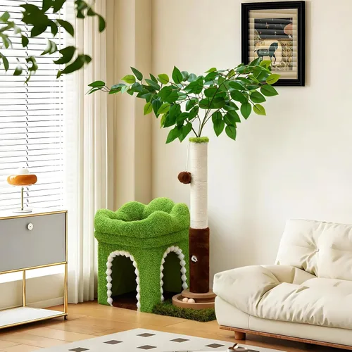 Vista 3 de Woochpet Árbol pequeño para gatos con poste rascador y pista de bolas, torre verde para gatos con hojas realistas para gatitos y gatos pequeños