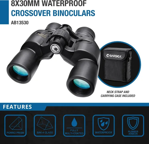 Vista 2 de BARSKA AB13530 Crossover 8x30 - Binoculares impermeables para deportes, canotaje, teatro, caza, etc., negro, talla única