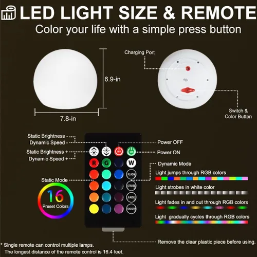 Vista 8 de Luz LED de bola brillante, 8 pulgadas RGB que cambia de color LED Orb luz nocturna lámpara de estado de ánimo para niños, 16 colores, 4 modos