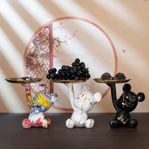 Vista 7 de Bandeja Portavellas con Escultura de Oso Decorativa, Estatua de Animal para Hogar, Bandeja de Almacenamiento para Mesa de Entrada (Negro y Oro)