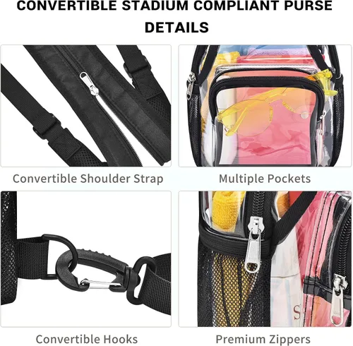Vista 6 de Mildbeer Mochila pequeña transparente para mujer, bandolera y hombro convertibles, bolsa de festival aprobada por estadios para conciertos y uso