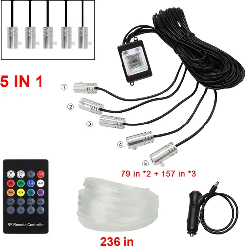 Vista 5 de Tira de luces LED para automóvil, 5 en 1, luz interior del automóvil, kit de iluminación LED ambiental con RGB de 16 millones de colores y fibra