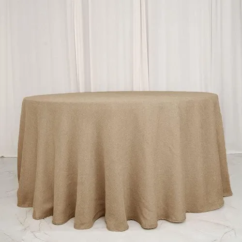 Vista 8 de Balsa Circle Mantel redondo natural de arpillera sintética de 108 pulgadas para bodas, recepciones, fiestas, eventos, catering