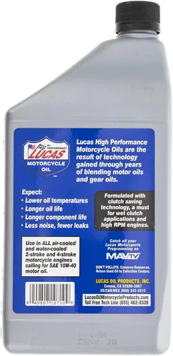 Vista 3 de Lucas Oil Aceite de Motor, Alto Rendimiento, 10W40, Semisintético, Botella de 1 cuarto de galón, Motocicleta, Cada