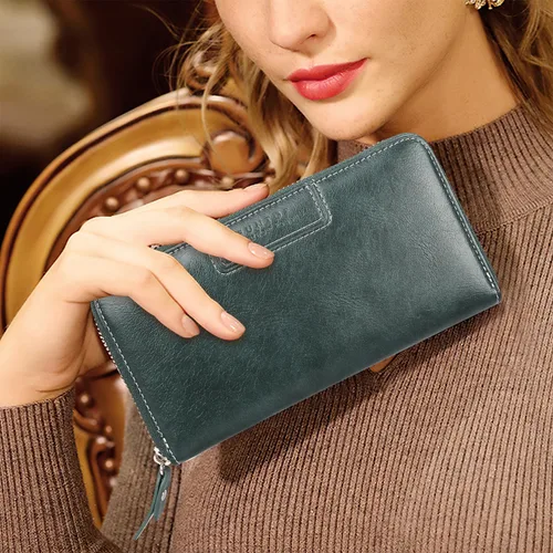 Vista 7 de FT FUNTOR Cartera de pulsera para mujer, cartera de piel sintética vegana con cremallera alrededor del teléfono, tarjetero organizador