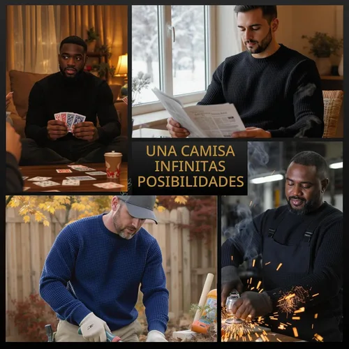 Vista 3 de JMR Camisa Térmica de Punto Gofre Pesado para Hombre - 100% Algodón Manga Larga - Usar como Capa Base o Independiente - Cálida y Transpirable Negro