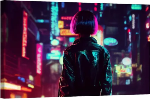 Vista 9 de LSIUHWUWI Future City Concept - Cuadro decorativo moderno para pared, impresión sobre lienzo Cyberpunk City Neon Streetview por la noche