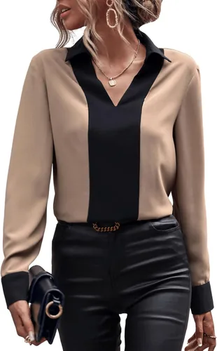 Vista 5 de OYOANGLE Blusa de manga larga con cuello en V y bloque de color para mujer