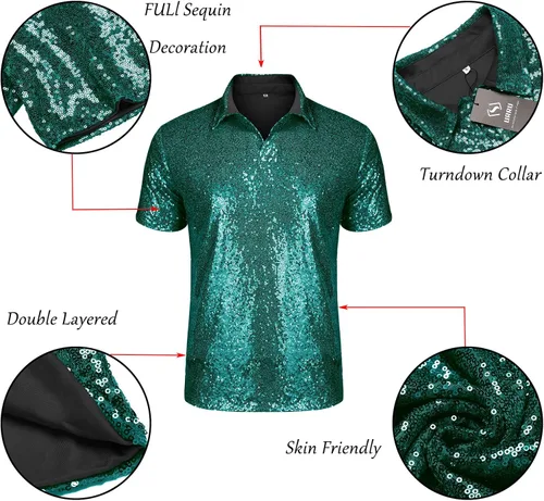 Vista 4 de AstoSeu Camiseta polo de manga corta con lentejuelas brillantes de los años 70 para hombre, para discoteca, fiesta, tallas S-XXXL