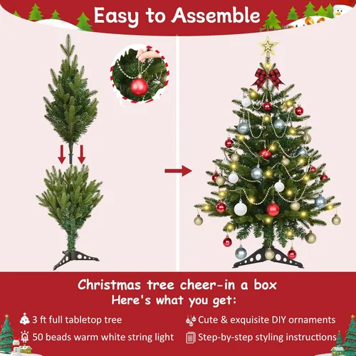 Vista 12 de Uspring Árbol de Navidad pequeño de 3 pies con luces, árbol de Navidad artificial de mesa con 50 luces LED y adornos colgantes de bricolaje, mini