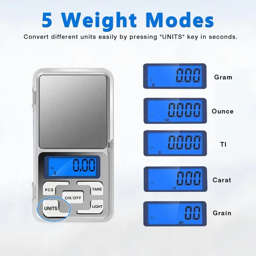 Vista 6 de 2 unids alta precisión mini electrónica digital bolsillo báscula joyería pesaje equilibrio portátil 17.64 oz/0.0004 oz función de conteo LCD azul