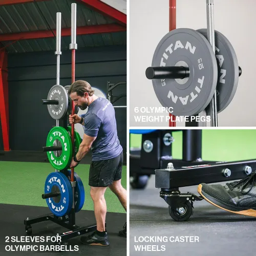 Vista 4 de Titan Fitness Árbol de pesas portátil para almacenamiento de platos olímpicos y barras, almacenamiento de discos de peso con capacidad de 1,000